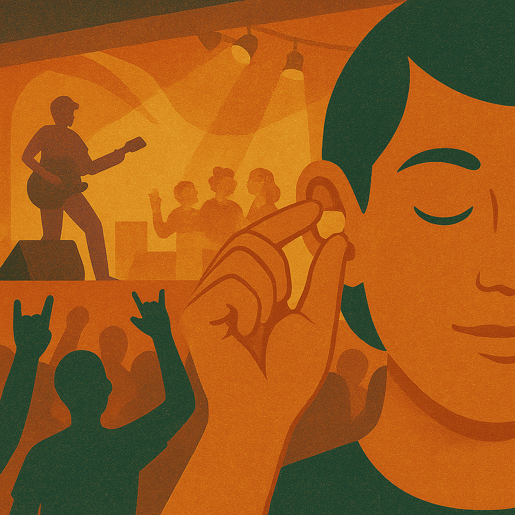 Illustration of using hearing protection at a concert.